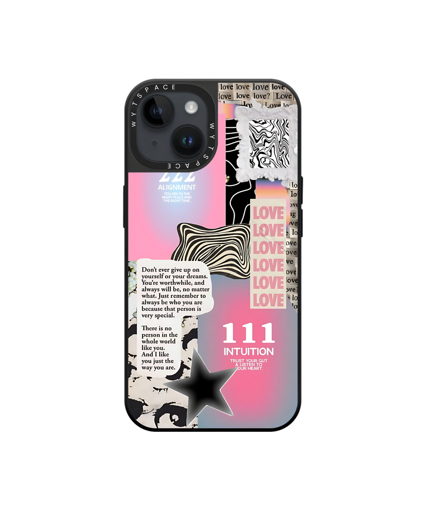 Phone case with zebra design, text, and star on a white background