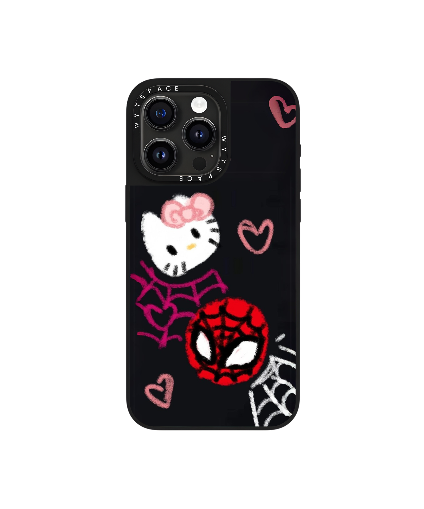 Phone case with Hello Kitty and Spider-Man design on a black background