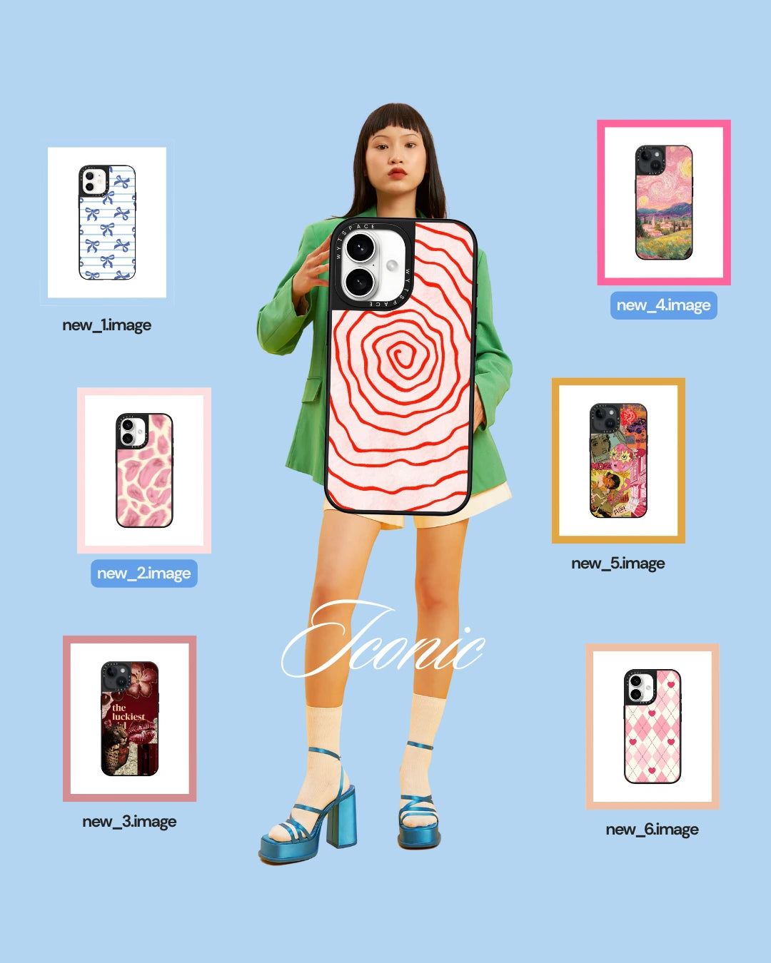 Woman holding a phone with various phone case designs displayed around her on a blue background.