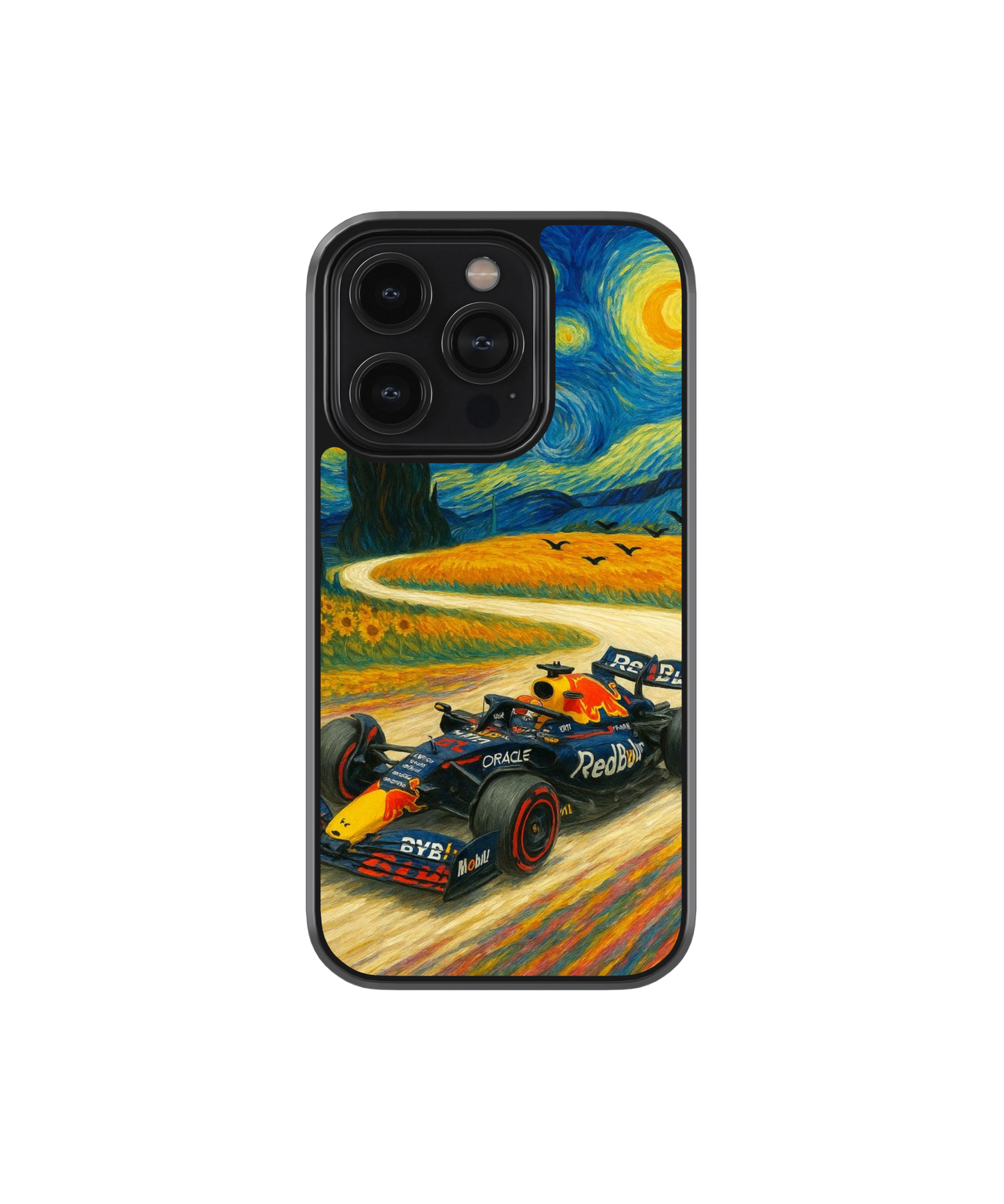 Phone case with a racing car design on a Van Gogh-style background