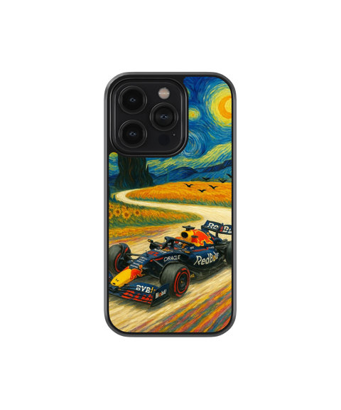 Phone case with a racing car design on a Van Gogh-style background
